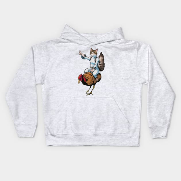 Whimsical Cat Riding Chicken Kids Hoodie by Rishirt